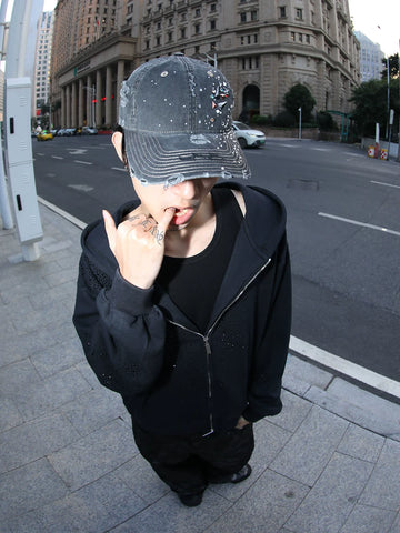 DND4DES washed denim baseball cap, American style big head circumference, wide brim, heavy-duty damage hardware, rhinestone duckbill cap