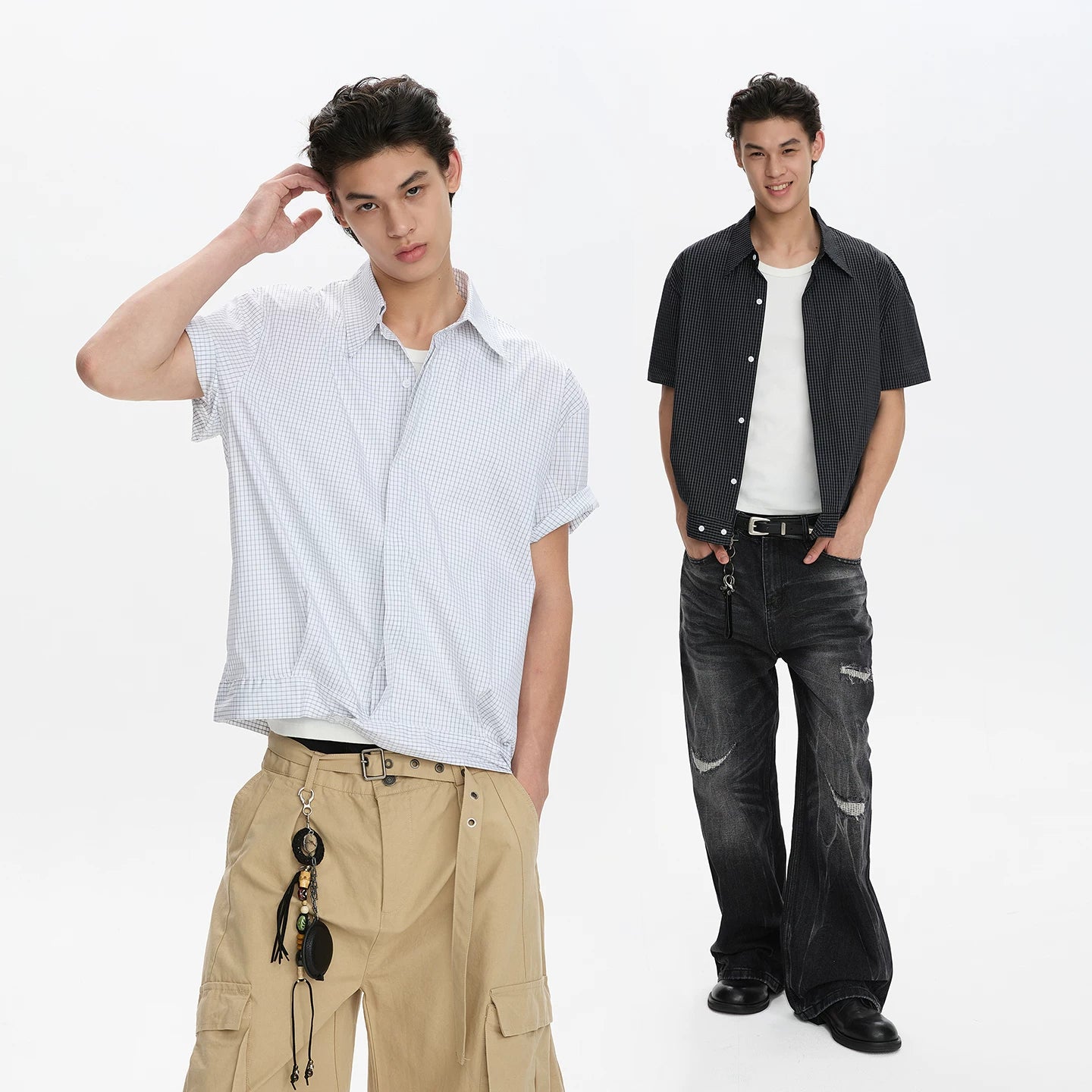 A PUEE retro high intelligence plaid short sleeved shirt with boxy style for men and women, short and stylish, versatile T-shirt top