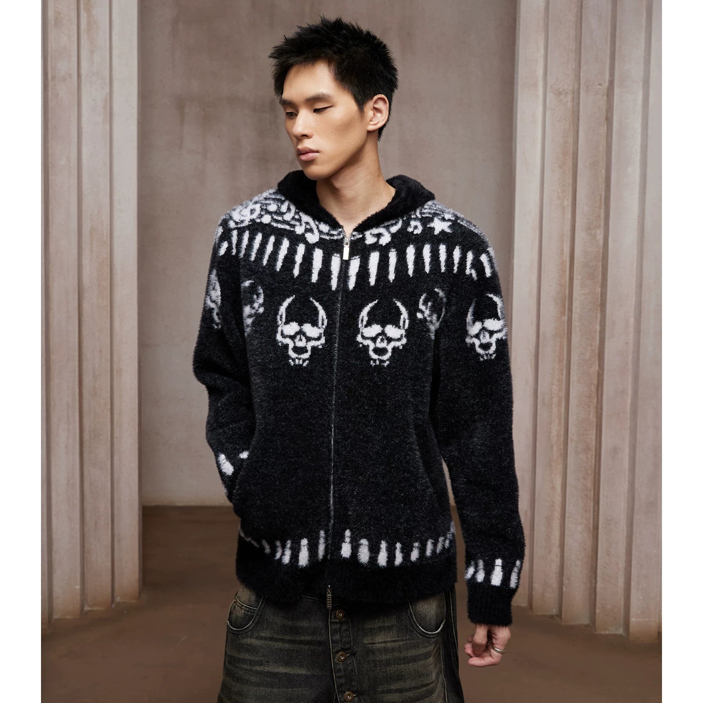 DND4DES imitation mink fur note bullet skull print Fel Island wool knit sweater contrasting zipper hooded jacket