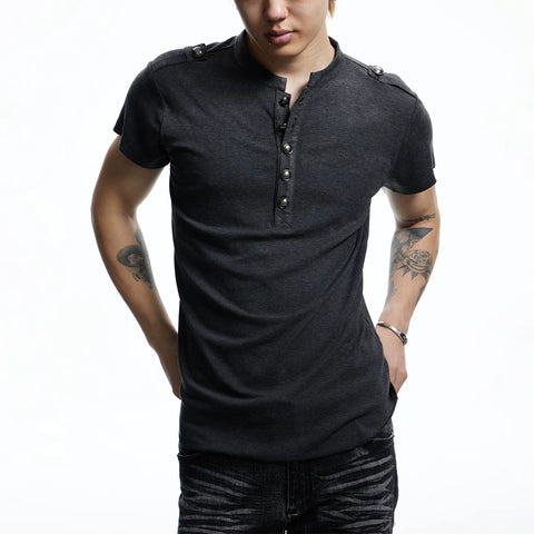 DND4DES American retro Henry collar short sleeved T-shirt court style metal buckle design top