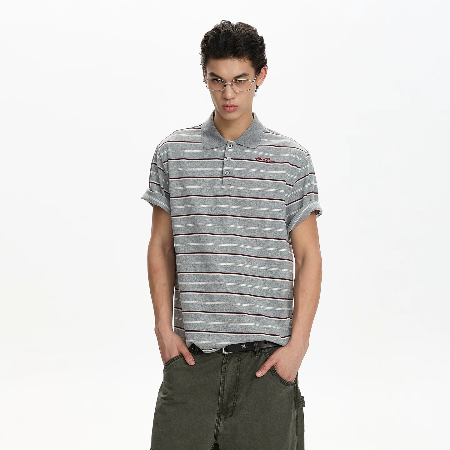 A PUEE American retro striped embroidered design short sleeved polo shirt for men and women, lazy and high-end loose top