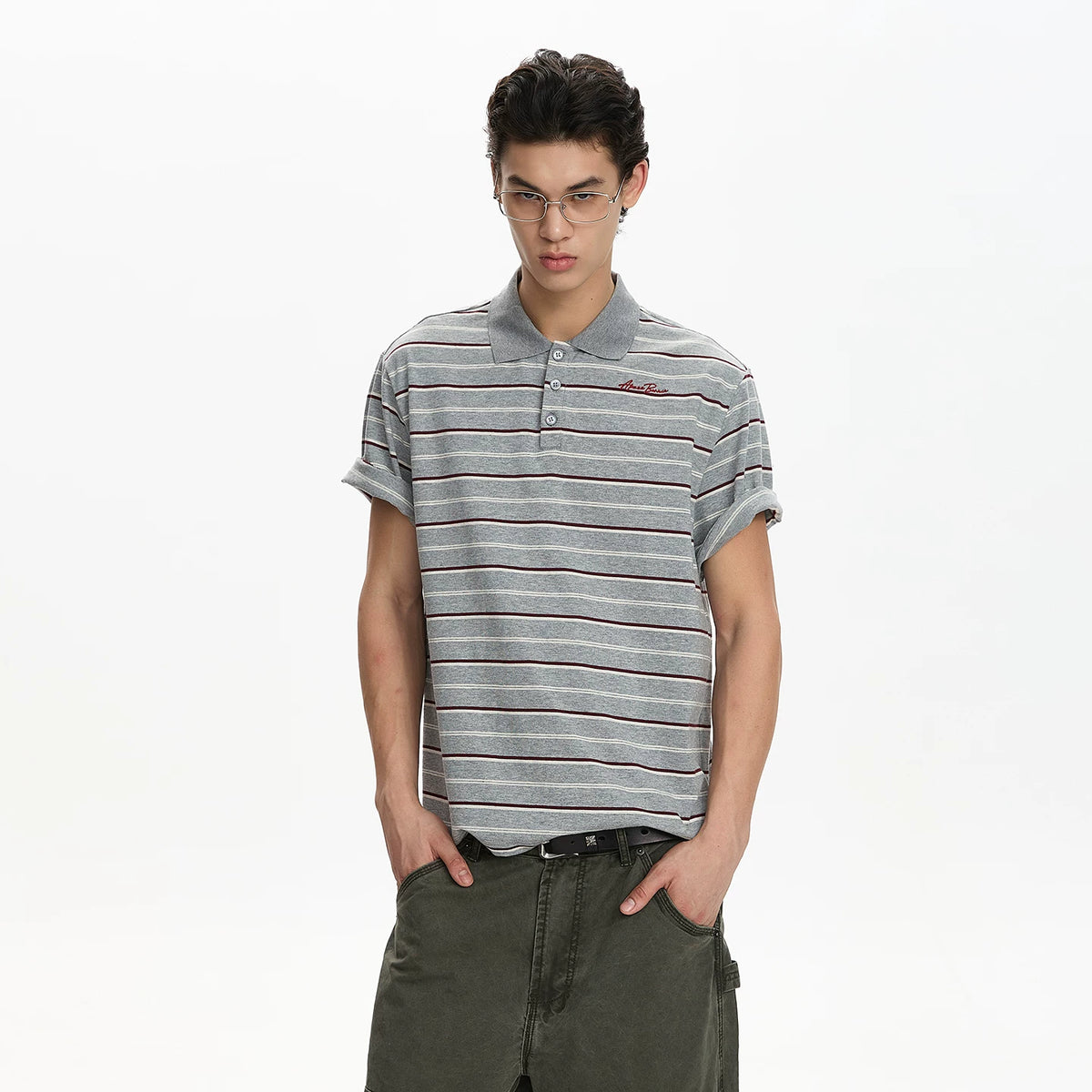 A PUEE American retro striped embroidered design short sleeved polo shirt for men and women, lazy and high-end loose top
