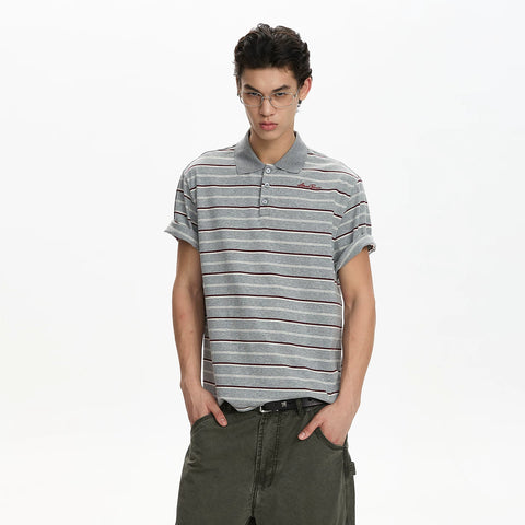 A PUEE American retro striped embroidered design short sleeved polo shirt for men and women, lazy and high-end loose top