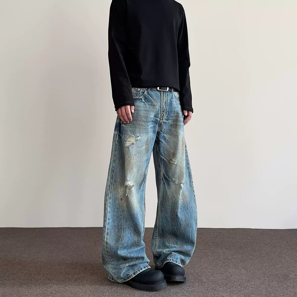 A PUEE American retro street distressed distressed jeans men's trendy straight leg slightly flared cleanfit curved knife pants