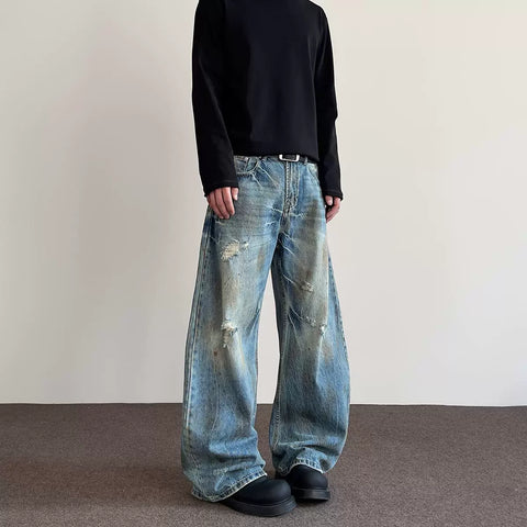 A PUEE American retro street distressed distressed jeans men's trendy straight leg slightly flared cleanfit curved knife pants