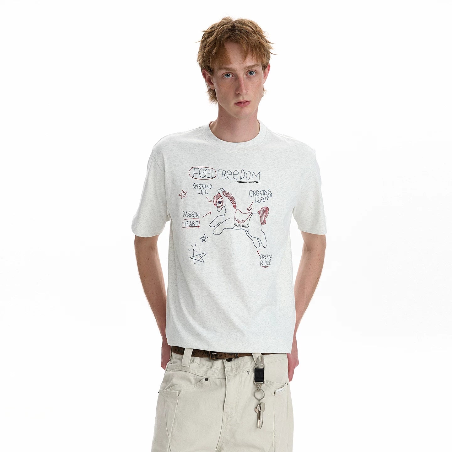 A PUEE Retro Casual Year of the Horse Line Embroidered Short Sleeve T-shirt Boxy Version Short Style Versatile Couple Top Summer