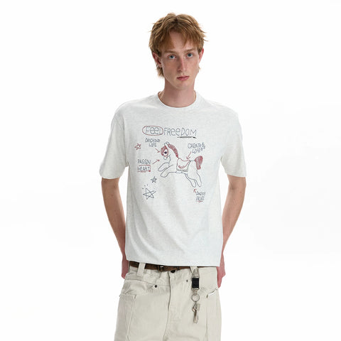 A PUEE Retro Casual Year of the Horse Line Embroidered Short Sleeve T-shirt Boxy Version Short Style Versatile Couple Top Summer
