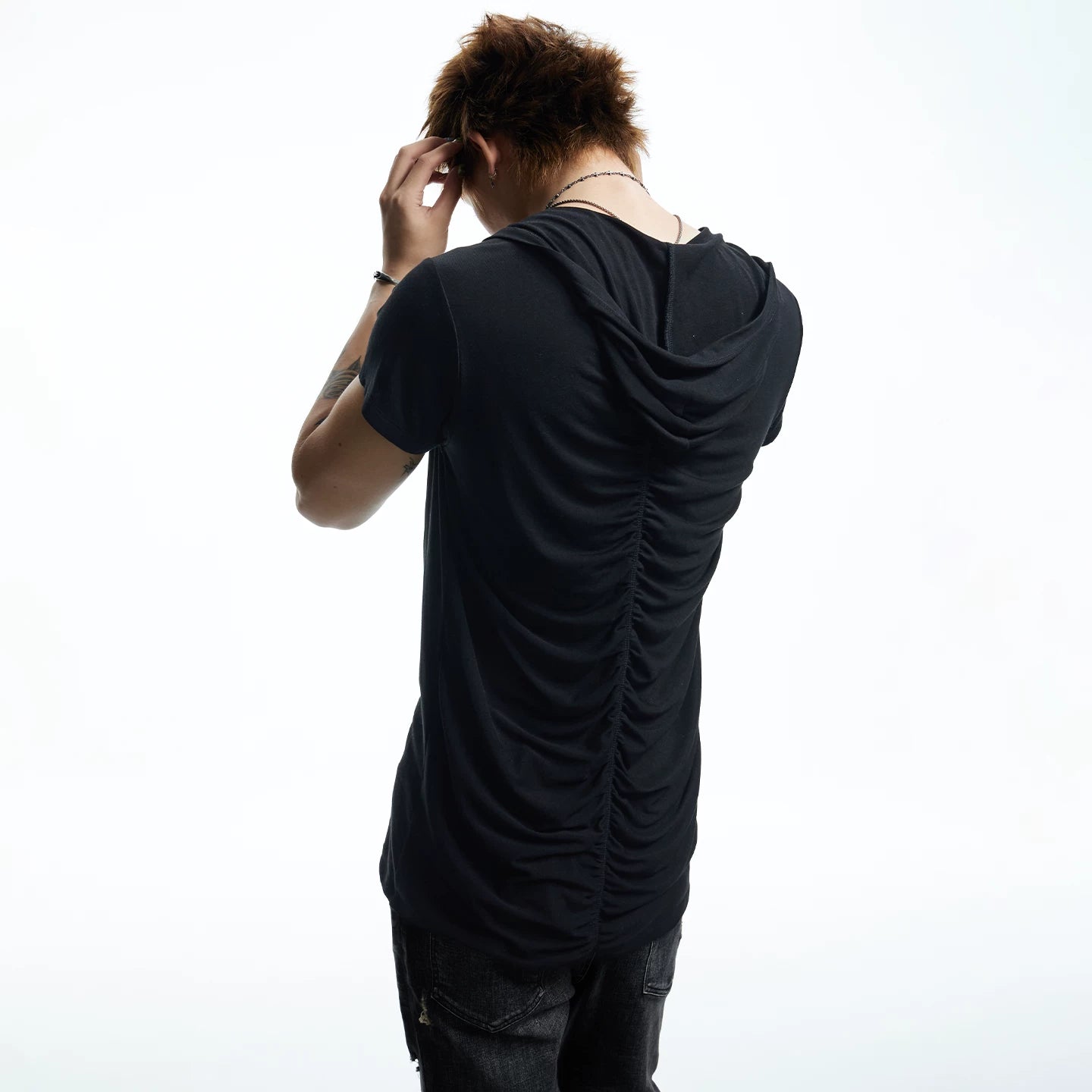 DND4DES niche design hooded T-shirt pleated design niche wool blend short sleeved shirt