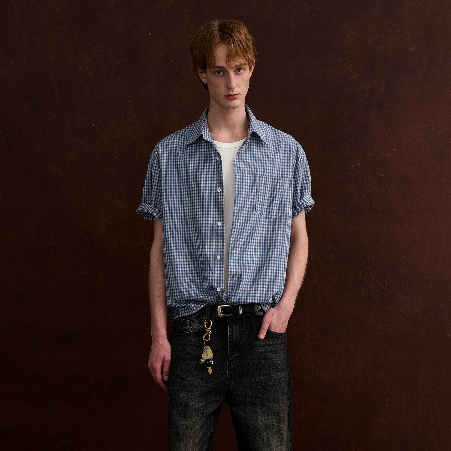 A PUEE American retro old money style short sleeved checkered shirt for men and women boxy short versatile commuting top