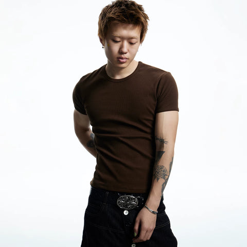 DND4DES American Street Hip Hop Rap Elastic Basic Tight Fit Thread T-shirt Short Sleeve Base