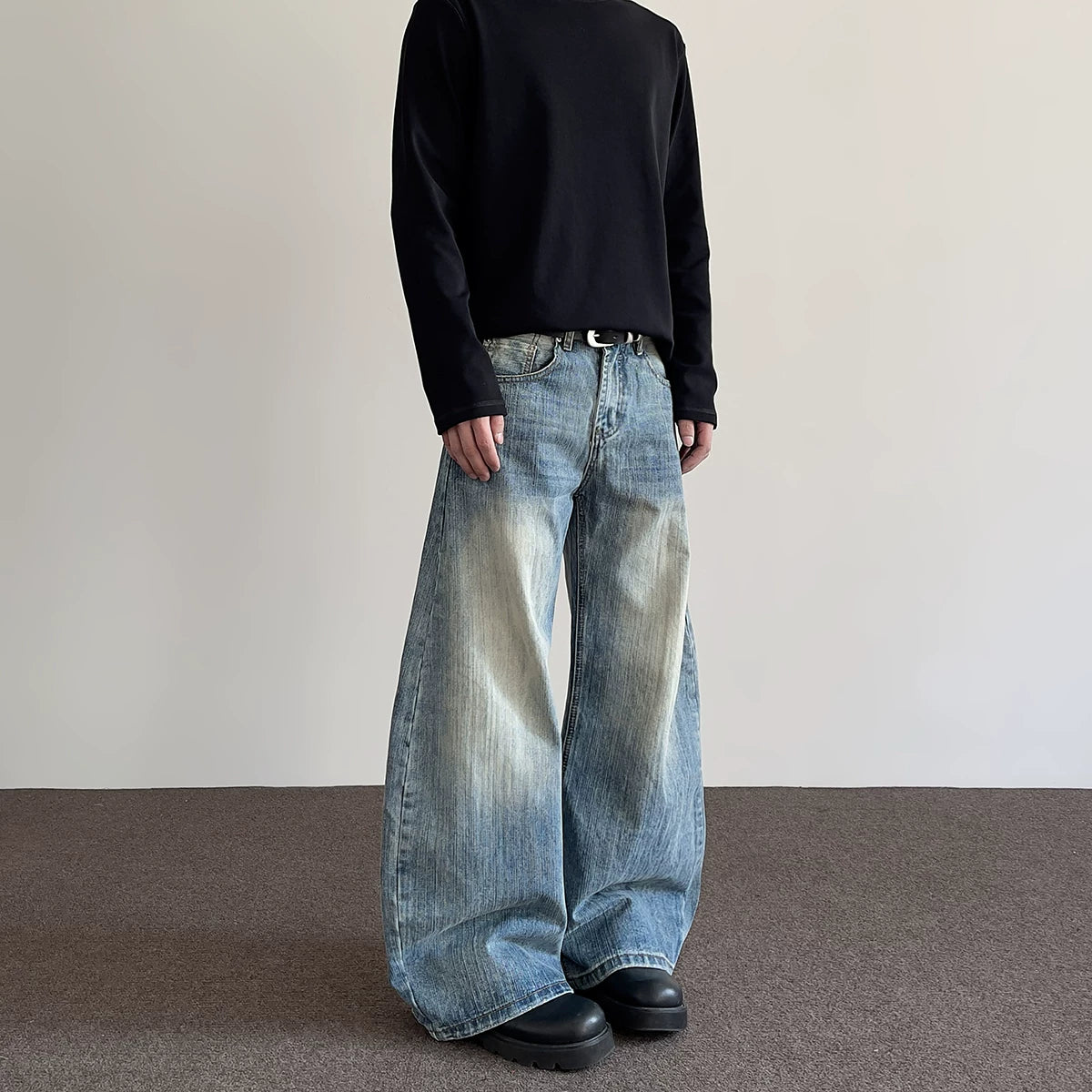 A PUEE American high street clean fit bamboo knot distressed curved jeans men's straight tube slightly flared long pants
