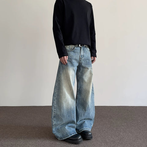 A PUEE American high street clean fit bamboo knot distressed curved jeans men's straight tube slightly flared long pants