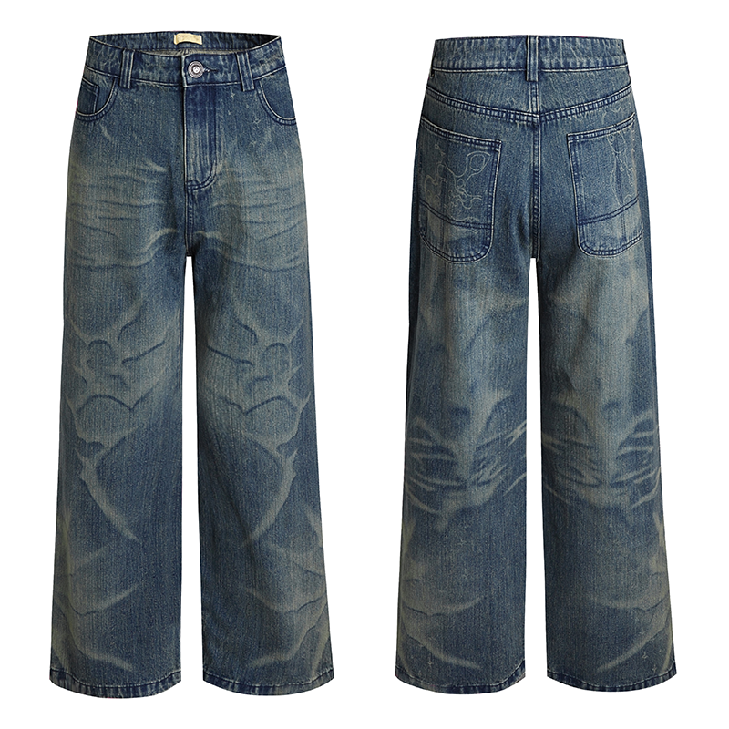 DND4DES American retro laser burned flower washed distressed bamboo striped jeans straight tube micro flared 2021M version