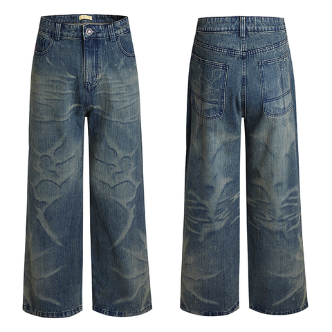 DND4DES American retro laser burned flower washed distressed bamboo striped jeans straight tube micro flared 2021M version