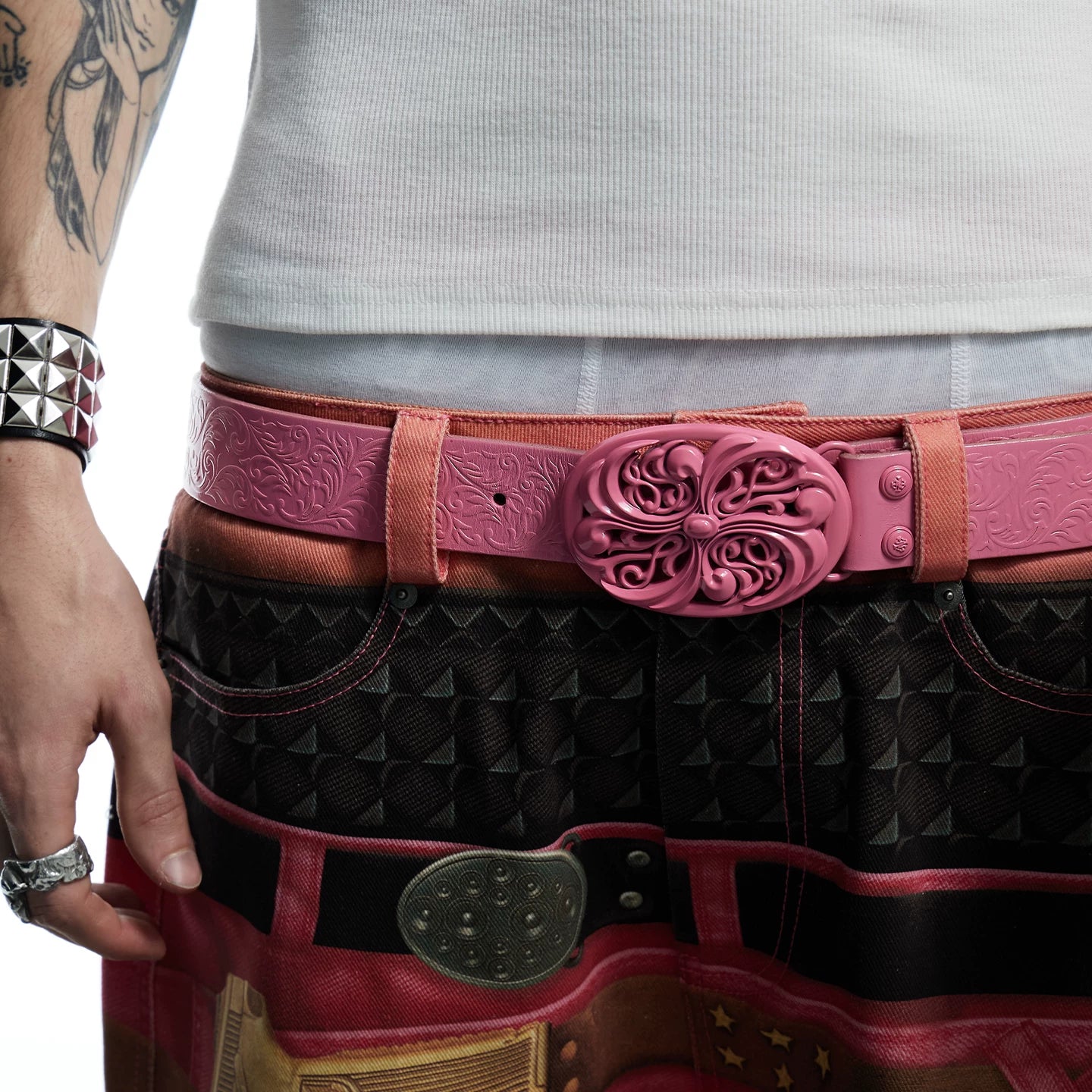 DND4DES Retro Pink Honeysuckle Pattern Customized Buckle, Pink Heavy duty Head Layer Cowhide Leather Belt Belt