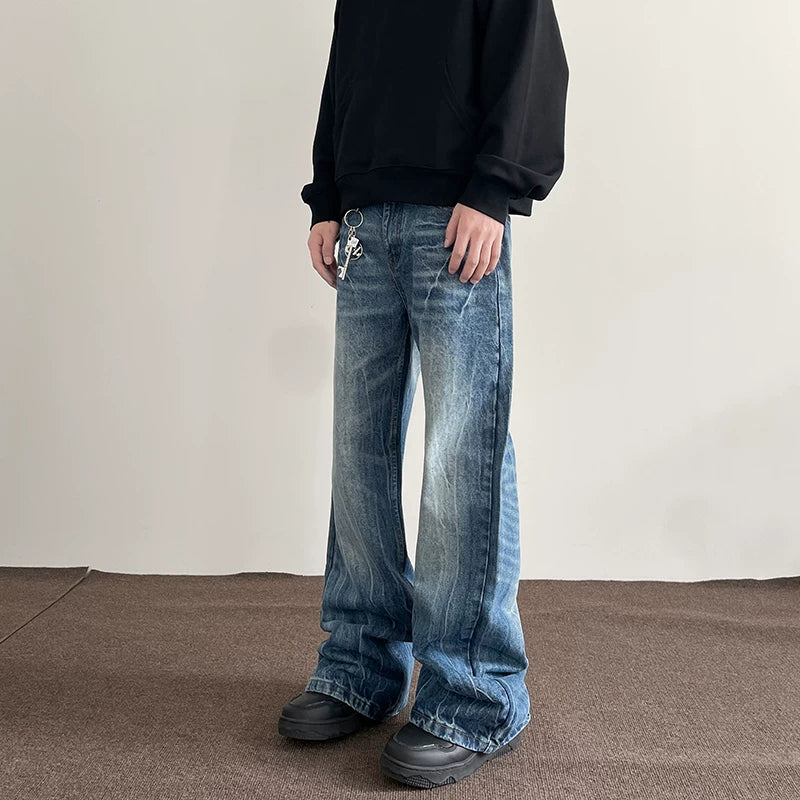 American high street vibe lightning burst blue jeans, men's trendy straight leg micro flare cleanfit slimming pants