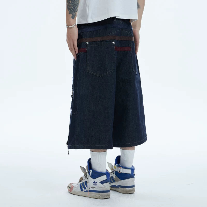 Sun Ensheng Luzhuo Same Style DND4DES Star Suede Splicing Danning Original Cow Seven Point Shorts Cowboy Mid Pants