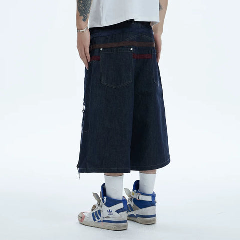 Sun Ensheng Luzhuo Same Style DND4DES Star Suede Splicing Danning Original Cow Seven Point Shorts Cowboy Mid Pants