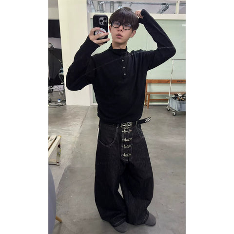 Mu Zhicheng, Wang Yiheng, Same Style DND4DES American Street Dening Original Bull Airplane Buckle Baggy Curved Knife Jeans
