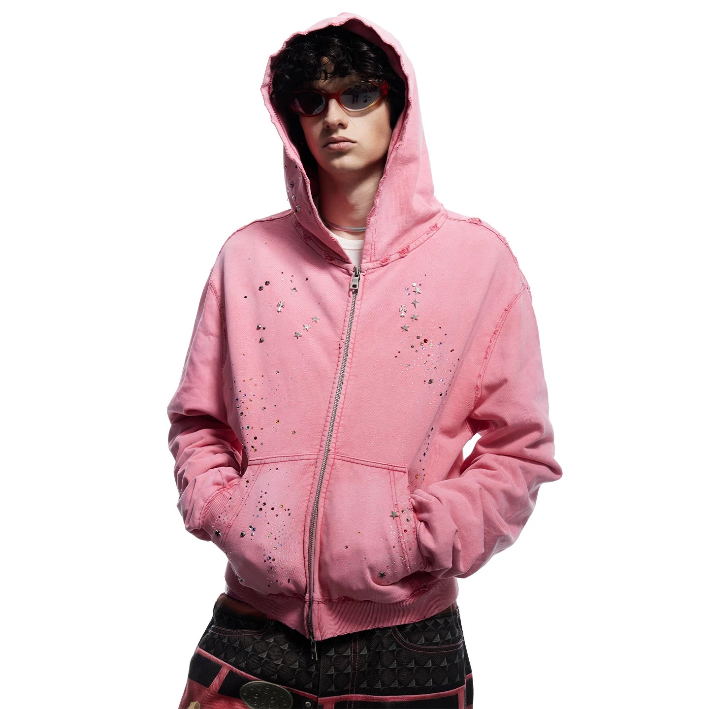 Wang Lujie's same DND4DES original design, starry sky hot stamping, water washing, zipper breaking, hooded sweatshirt jacket