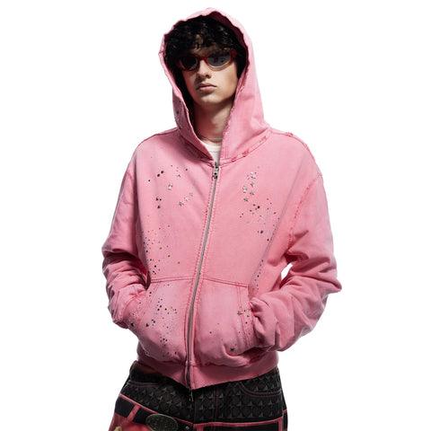 Wang Lujie's same DND4DES original design, starry sky hot stamping, water washing, zipper breaking, hooded sweatshirt jacket