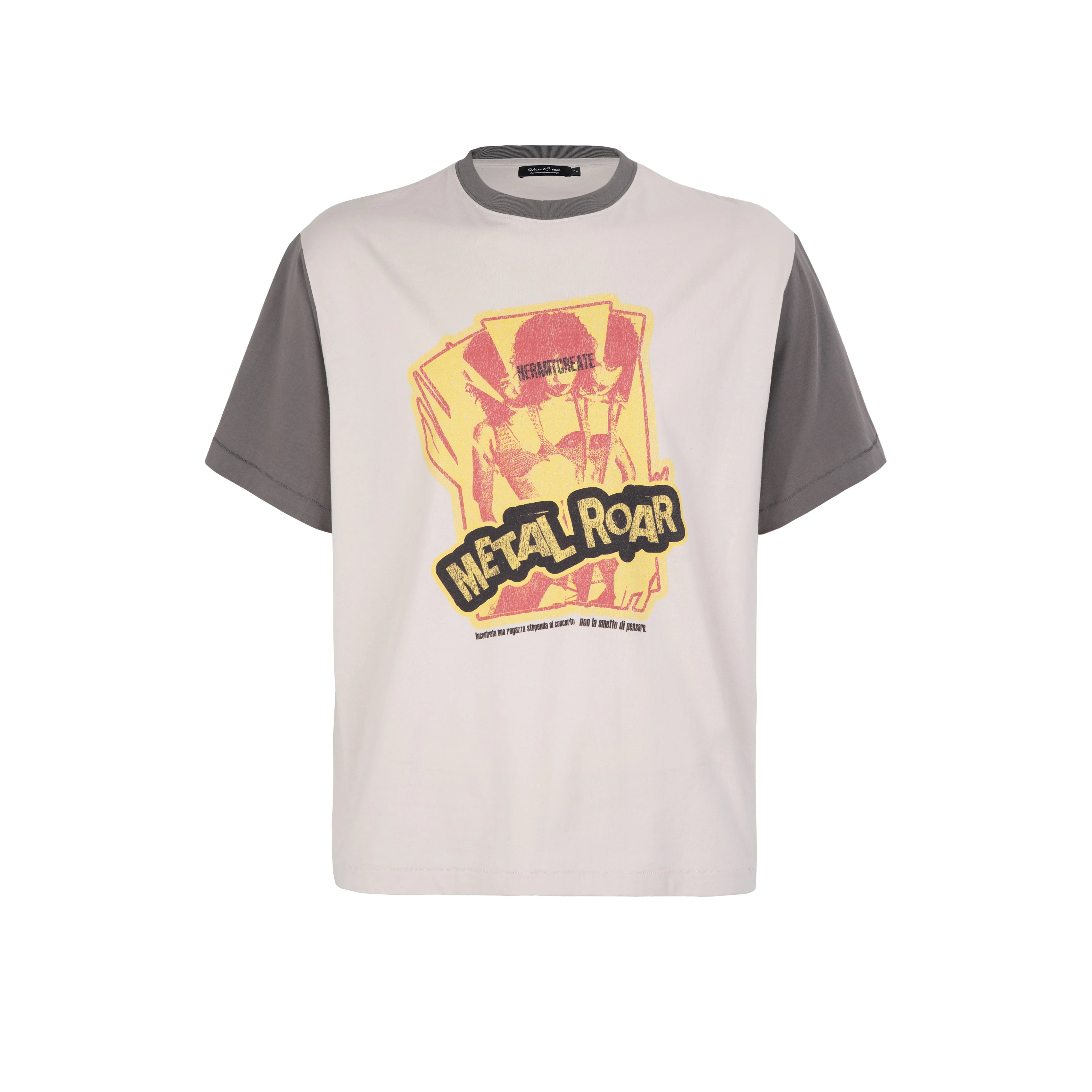 HC/HermitCreate Rock Band Second Creation Printed Color Contrasting Shoulder Short Sleeve Boxy Version