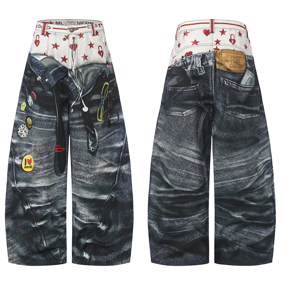 DND4DES Zhu Zhixin's original American style 3D printed pants with double waistband printed curved knife baggy jeans