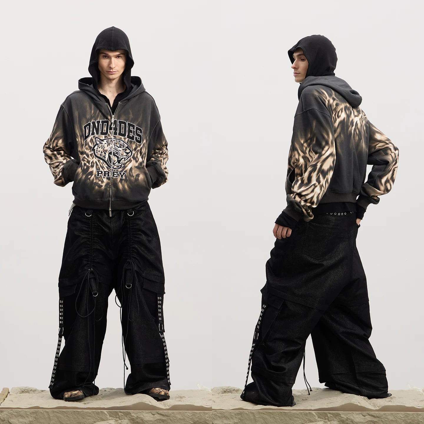 DND4DES original deconstruction design, ium Reebok pants with adjustable pleats, strap pockets, workwear jeans