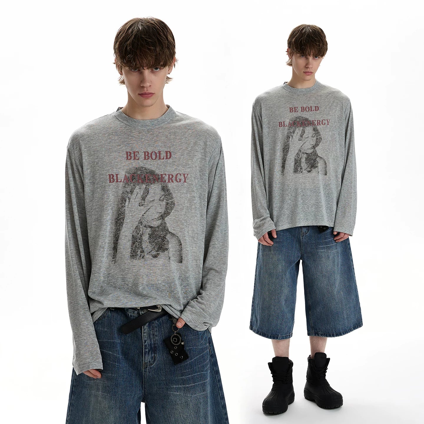 A PUEE retro street style printed thin long sleeved T-shirt for men and women, lazy and cool, loose fitting top, trendy