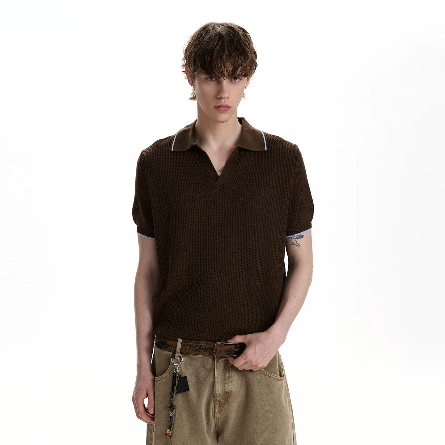 A PUEE American retro nouveau riche Barn style lapel polo shirt short sleeved texture front shoulder short knit shirt trendy