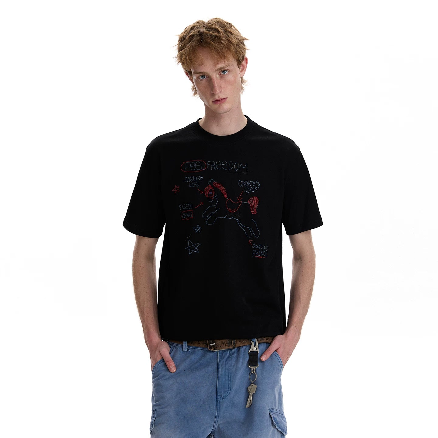 A PUEE Retro Casual Year of the Horse Line Embroidered Short Sleeve T-shirt Boxy Version Short Style Versatile Couple Top Summer