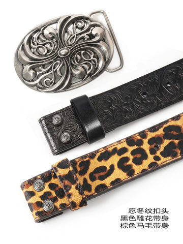 DND4DES Ding Yuxi's retro honeysuckle pattern carved belt, heavy-duty head layer cowhide leather belt, waist belt