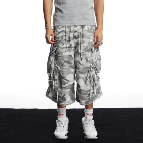 DND4DES hip-hop style street camouflage wide leg cropped pants with multiple pockets, loose straight leg linen shorts