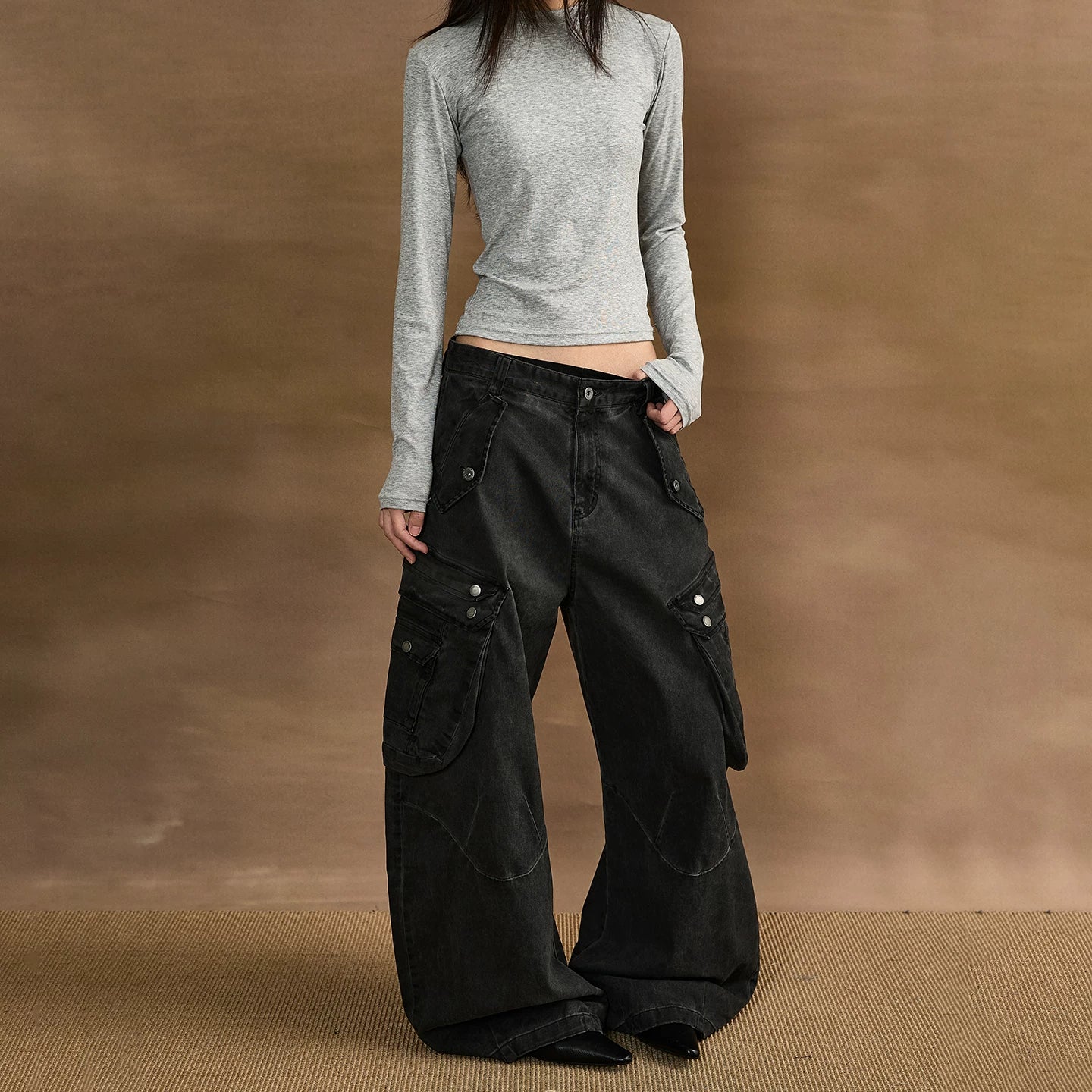 A PUEE vintage vintage multi pocket silhouette curved knife work pants baggy wide leg loose casual pants