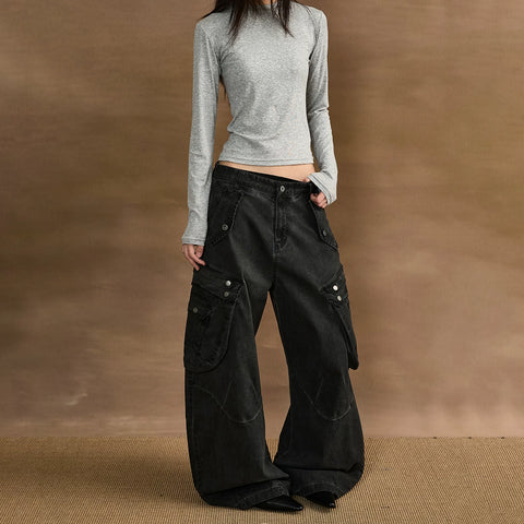 A PUEE vintage vintage multi pocket silhouette curved knife work pants baggy wide leg loose casual pants