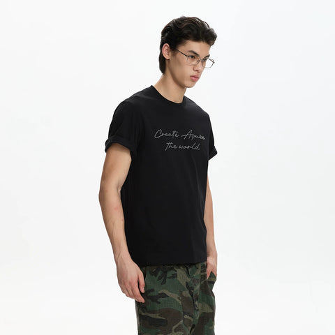A PUEE Retro Premium Letter Hot Diamond Short sleeved T-shirt Men's and Women's Boxy Version Short Shoulder Versatile Top