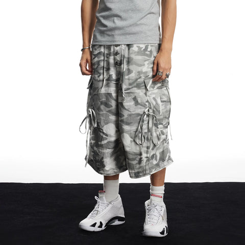 DND4DES hip-hop style street camouflage wide leg cropped pants with multiple pockets, loose straight leg linen shorts