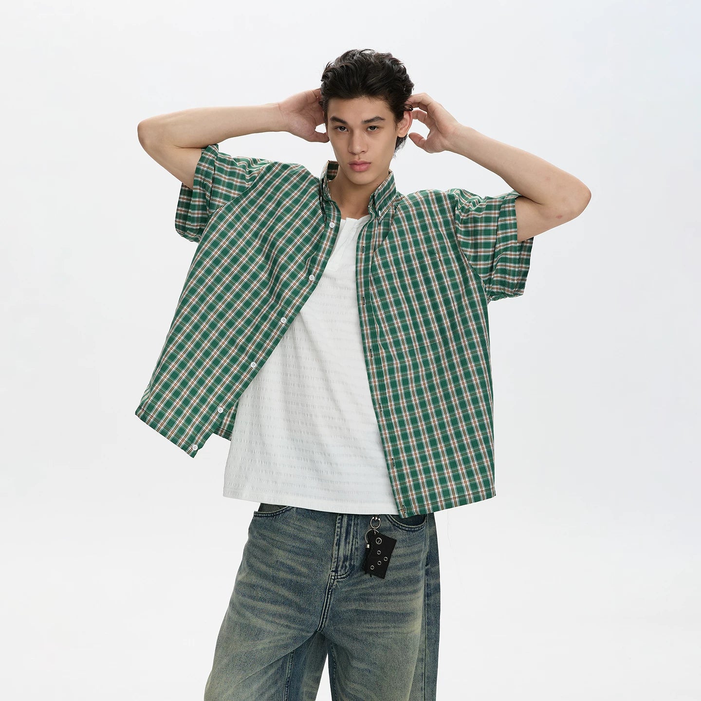 A PUEE American retro classic plaid shirt T-shirt for men and women casual commuting loose versatile shirt short sleeved summer