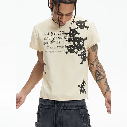 DND4DES Skeleton Printed Washed Outdated Curled Shoulder T-shirt American Street Trendy Brand Short Sleeve Three Color Slim Fit