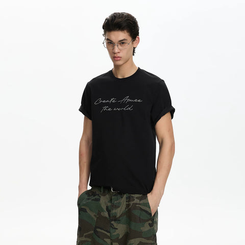 A PUEE Retro Premium Letter Hot Diamond Short sleeved T-shirt Men's and Women's Boxy Version Short Shoulder Versatile Top
