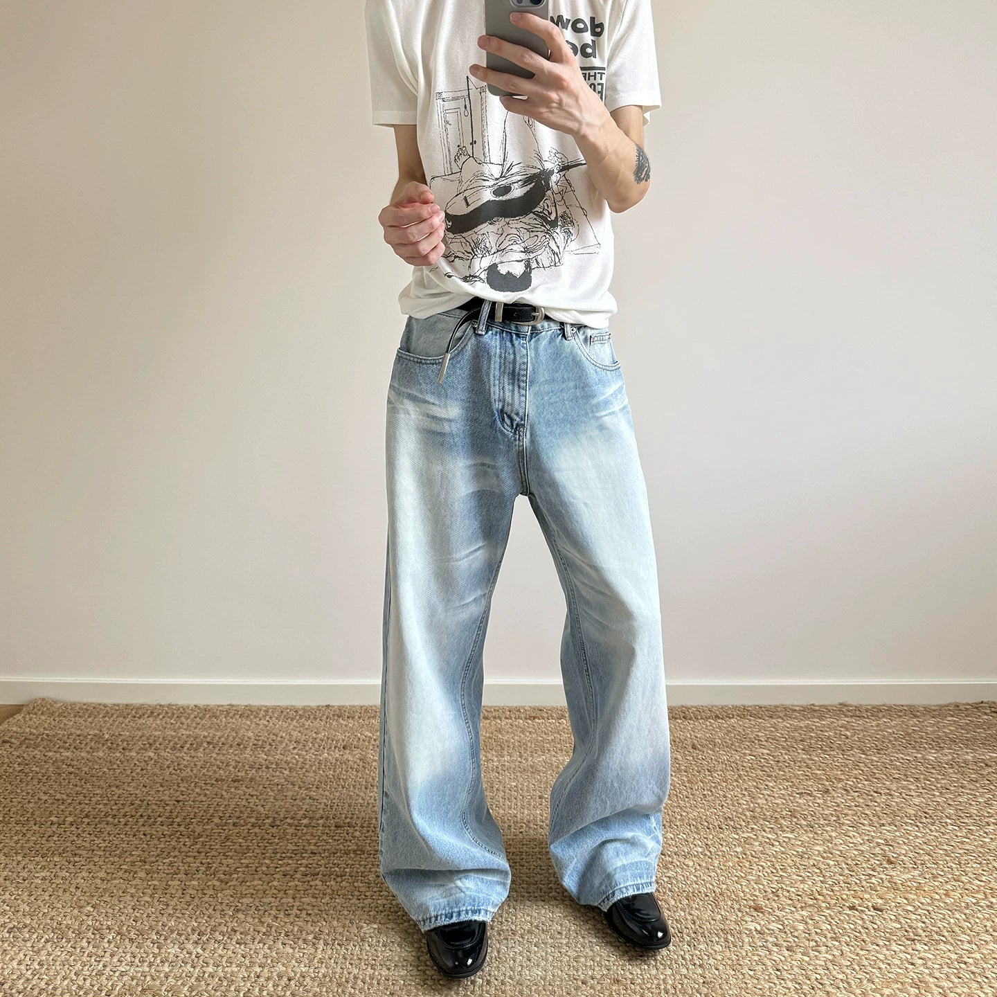A PUEE American retro cleanfit washed ice blue jeans men's trendy straight tube micro flared versatile slimming pants