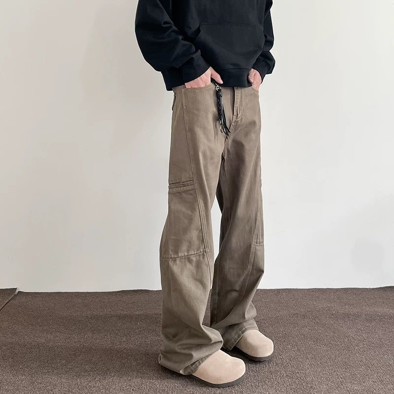 American retro Maillard brown multi pocket workwear jeans men's high street cleanfit straight leg micro flared pants