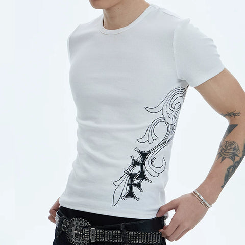 DND4DES trendy elastic short sleeved T-shirt with American hip-hop style printed slim fit polyester mixed cotton breathable suitable for young people