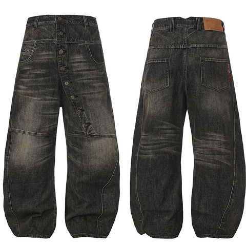 DND4DES American Heavy Industry 3D Cat Beard Washed for Old, Long Buckle Baggy, Curved Knife Jeans, Multi Color