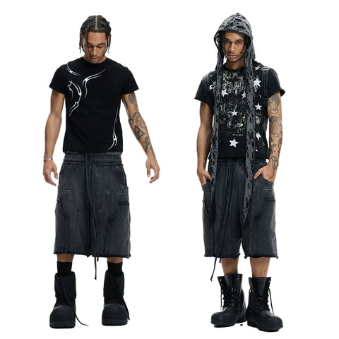 DND4DES original design deconstruction double waisted washed distressed cropped pants 340g pure cotton shorts loose sweatpants
