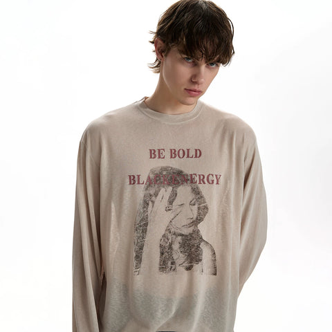 A PUEE retro street style printed thin long sleeved T-shirt for men and women, lazy and cool, loose fitting top, trendy