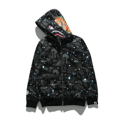 Cross border foreign trade wholesale new shark camouflage hooded cardigan zipper looped fleece men's and women's hoodie jacket trendy (2)
