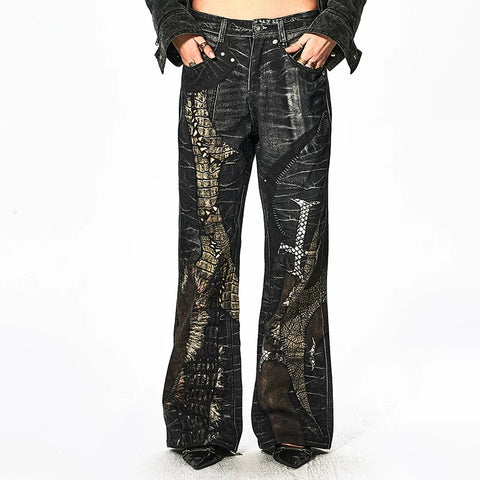 DND4DES Left Handed Zhang Yanqi Original Niche Digital Printed Cross Splicing Straight Leg Pants