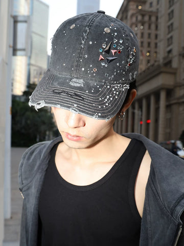 DND4DES washed denim baseball cap, American style big head circumference, wide brim, heavy-duty damage hardware, rhinestone duckbill cap