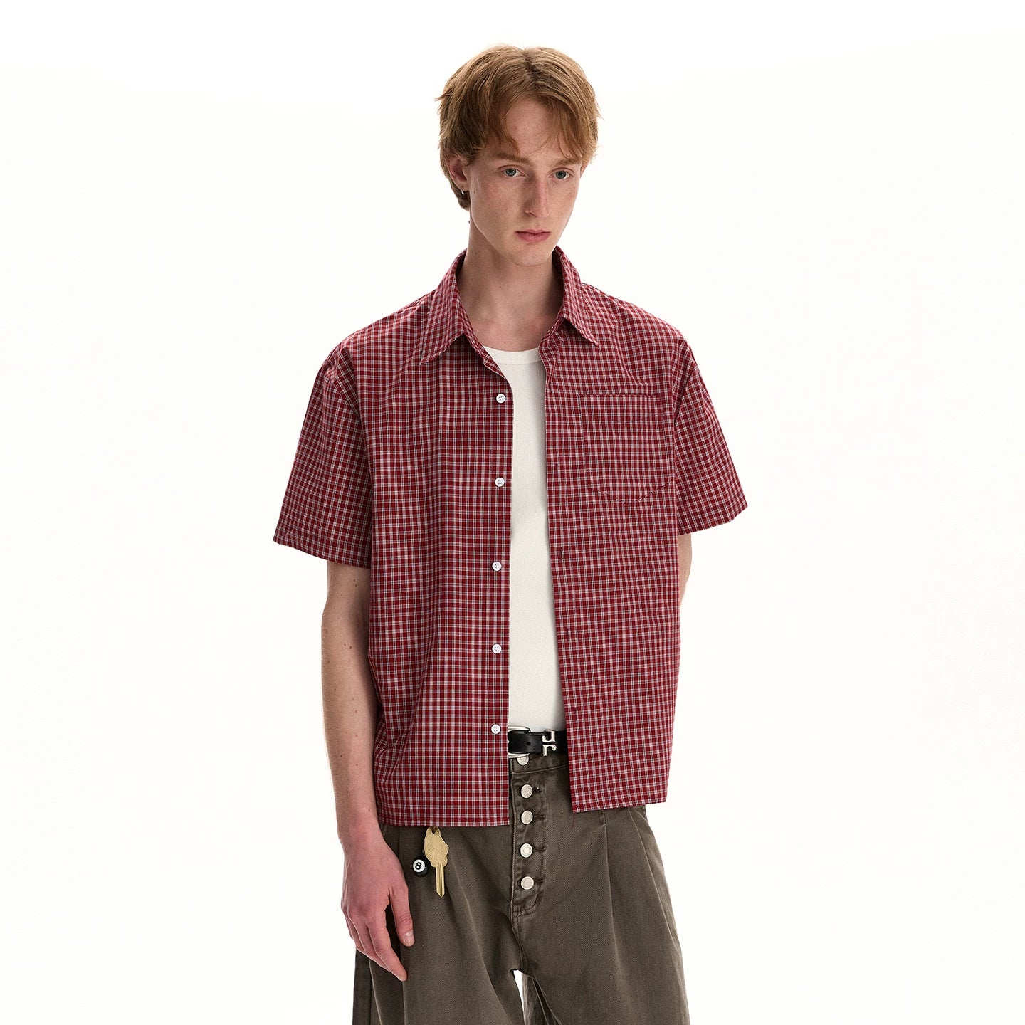 A PUEE American retro old money style short sleeved checkered shirt for men and women boxy short versatile commuting top